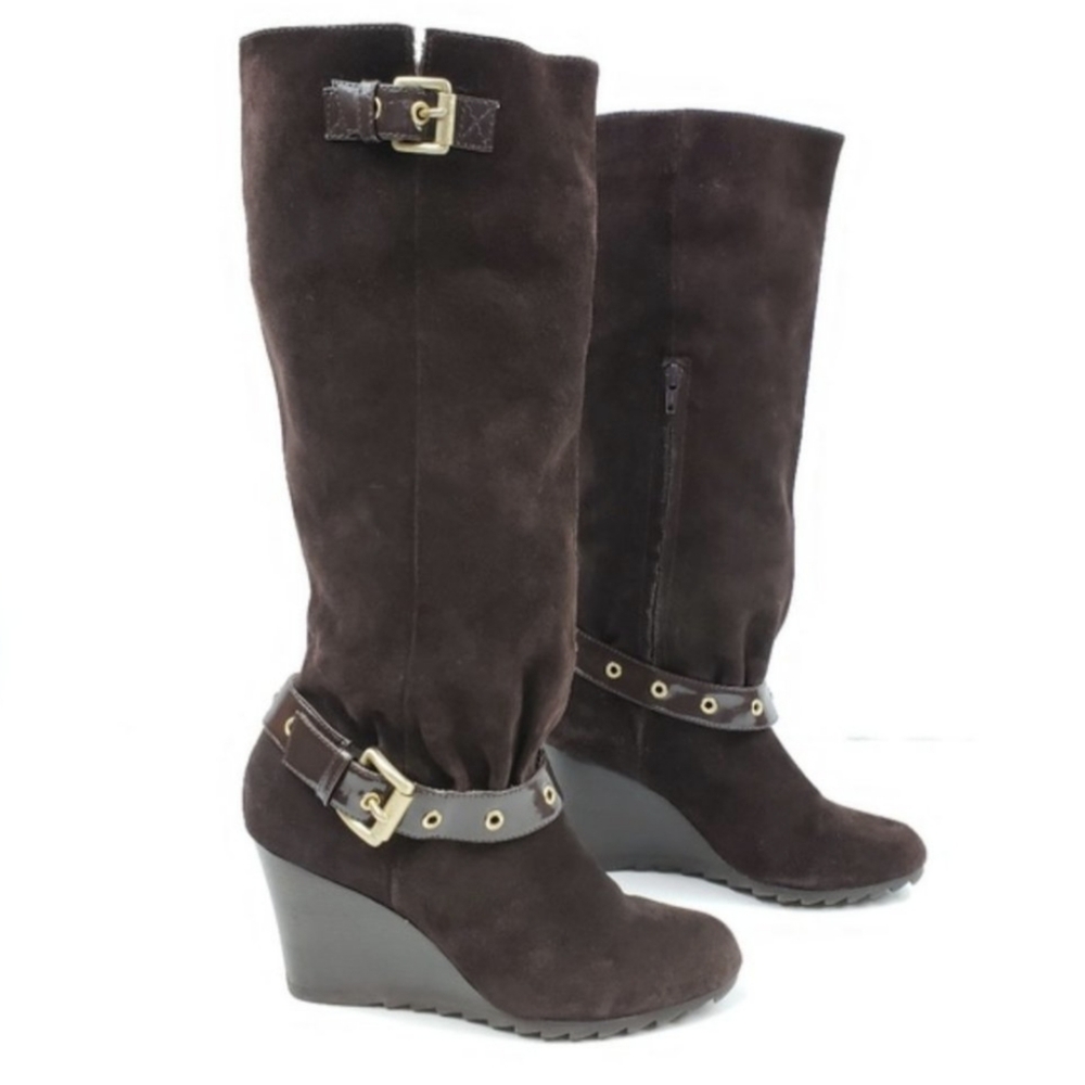 Michael Kors Chocolate Brown Suede Leather Wedge Tall Boots 6 - Picture 1 of 9